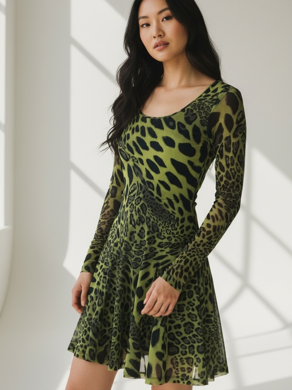 Vintage Betsey Johnson Olive Green & Black Animal-Print Long Sleeve Skater Dress - Picture 2 of 6
